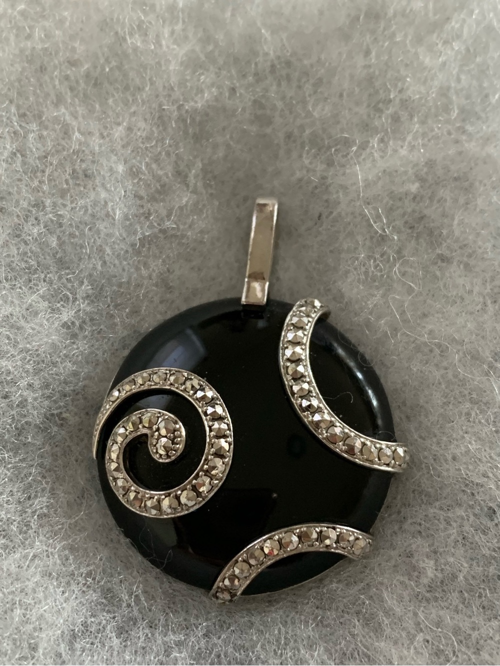Vintage Sterling Silver and Marcasites Spiral Pendant Necklace Black Round Stone